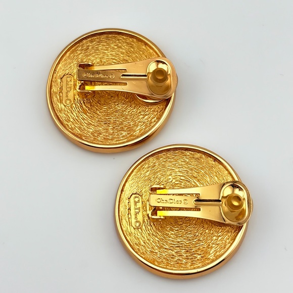 Vintage Christian Dior Gold Plated Monogram Button Clip On Earrings HUGE - Picture 5 of 6